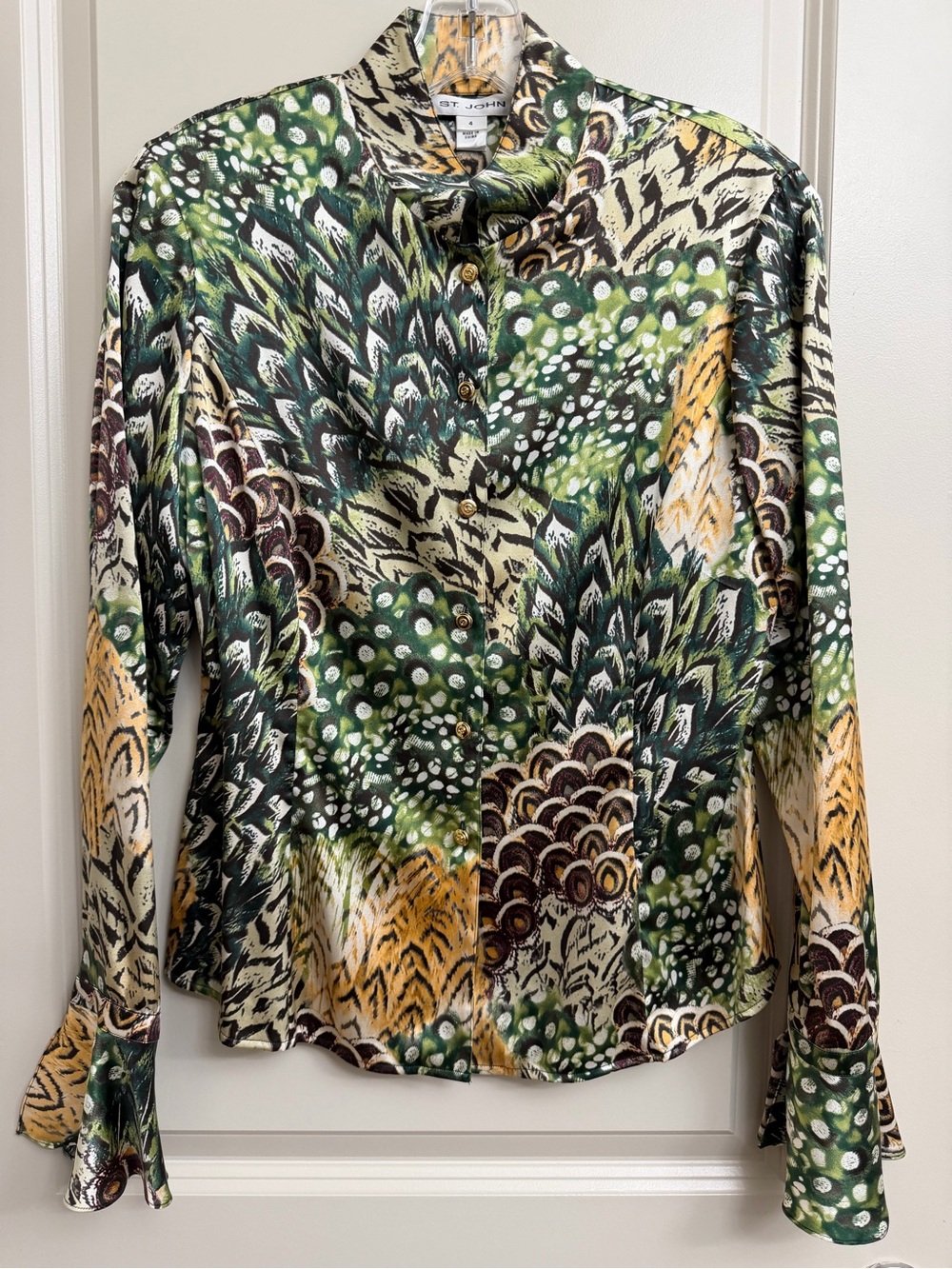 St. John Silk, Green, Gold & Brown Abstract Feather-Scale Print Button-Down
